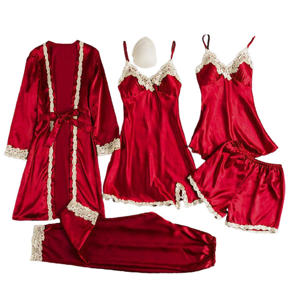 Robe Silk Women - เซ็ตชุดนอนผ้าไหมคล้ายผ้าซาตินลูกไม้หรูหราชุดนอน5ชิ้นเอวผูกเชือกสำหรับผู้หญิงชุดนอนนุ่มสบาย